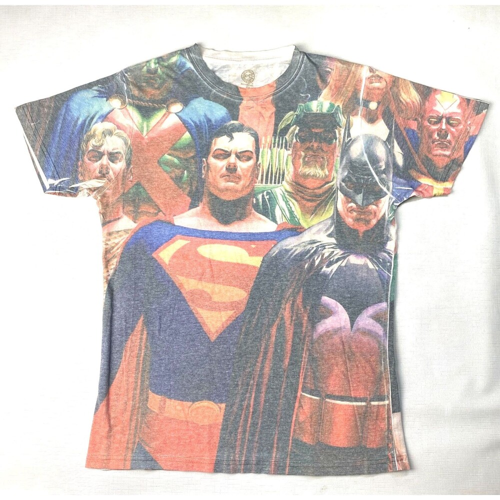 *RARE* JUSTICE LEAGUE "Infinitely Heroic" ALEX ROSS Tshirt! ALL OVER AOP Sz M